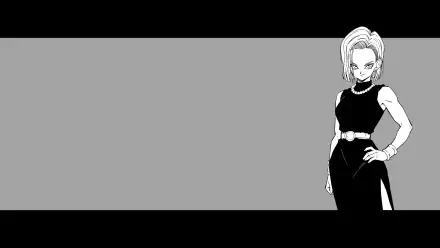 Monochrome manga-style 4K PC desktop wallpaper showing Dragon Ball Z Android 18 — an anime girl posing in a sleeveless top and slit skirt against a wide gray panel.