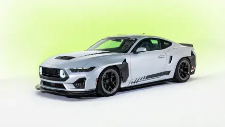 White Ford Mustang RTR Spec 5 hypercar with aggressive aero kit and black wheels on a lime backdrop — 4K Ultra HD PC desktop wallpaper.