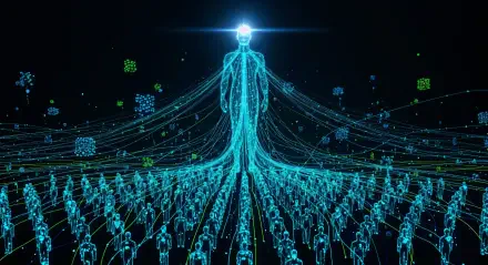 4K Ultra HD PC Desktop Wallpaper and Background: glowing cyan digital giant streams data to rows of smaller humanoid figures, connected by luminous lines amid floating data cubes on a dark grid.