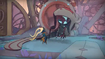 HD PC desktop wallpaper from the video game Mio: Memories in Orbit — a small cloaked character with flowing scarf faces a large glowing-eyed hooded creature in a stylized, pastel interior.