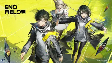 Video game HD PC desktop wallpaper for Arknights: Endfield showing three stylized characters in gray-and-yellow outfits against a vibrant yellow geometric background.