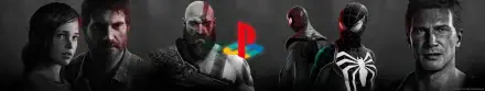 4K PlayStation wallpaper with Kratos (God of War 2018) and Spider-Man flanking a glowing PlayStation logo, with visual nods to The Last of Us and Uncharted 4: A Thief's End.