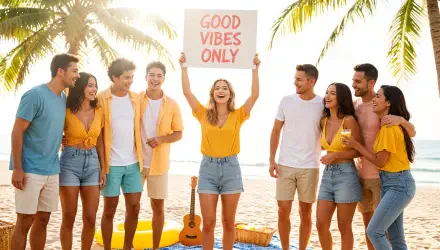 Sunlit beach group smiling as one holds a Good Vibes Only sign; bright, tropical scene rendered as a 4K Ultra HD PC desktop wallpaper.