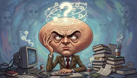 4K Ultra HD PC wallpaper: caricature of a pensive man with an oversized head and glowing question-mark halo, seated at a cluttered desk with stacks of books, a vintage computer and coffee.