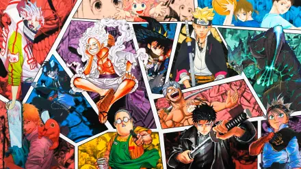 HD desktop wallpaper: vibrant crossover collage of Kagurabachi, One Piece, Naruto, and Sakamoto Days characters arranged in dynamic comic-panel style.