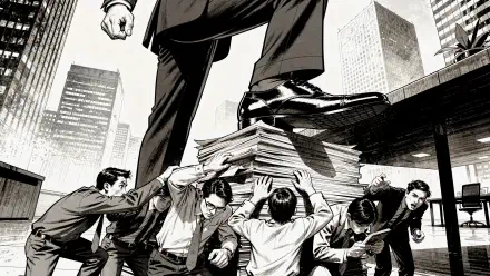 Monochrome 4K Ultra HD PC Desktop Wallpaper and Background: a giant suited figure's polished shoe crushing stacks of papers while small office workers strain beneath it amid city skyscrapers.