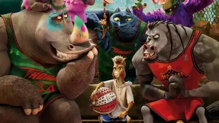 4K Ultra HD PC desktop wallpaper from the movie Goat (2026): a young goat holding a basketball amid colorful anthropomorphic teammates and rivals.