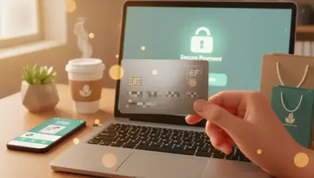 4K Ultra HD PC desktop wallpaper/background showing a hand holding a credit card in front of a laptop screen with a secure payment padlock, phone and coffee nearby.