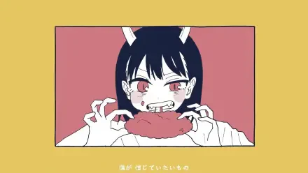 RuriDragon anime HD desktop wallpaper: horned girl with black hair and red eyes biting a pastry inside a pink panel on a yellow background, Japanese caption below.