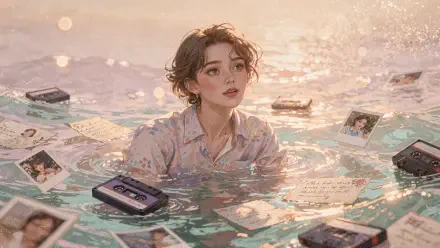 Softly lit scene of Nostalgia: a young person waist-deep in shimmering water surrounded by cassettes, photos and letters, wistful gaze at sunset — 4K Ultra HD PC Desktop Wallpaper and Background.