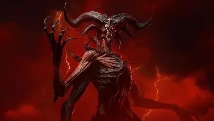 HD PC desktop wallpaper from the video game Diablo IV: towering horned Diablo demon in blood-red lightning, skeletal torso and outstretched clawed hand.