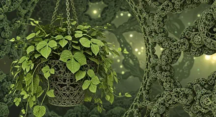 4K Ultra HD PC desktop wallpaper: ornate hanging plant with lush green leaves in a filigree planter against a glowing fractal background.