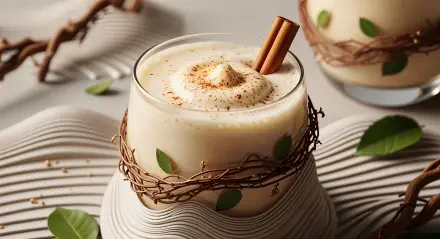 4K Ultra HD PC desktop wallpaper of creamy eggnog in a twine-wrapped glass, topped with a cinnamon stick and grated nutmeg, surrounded by scattered green leaves.
