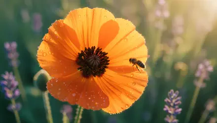 Close-up of an orange flower with dew drops and a hovering bee against soft lavender bokeh; 4K Ultra HD PC desktop wallpaper and background.