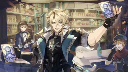 HD PC desktop wallpaper of Varka from the video game Genshin Impact, smiling confidently in a bustling alchemy shop, holding ornate cards amid shelves of potions and curious onlookers.