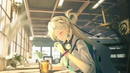 Lynae from Wuthering Waves — serene anime girl in a sunlit café with headphones and coffee; 2K Quad HD PC desktop wallpaper background.