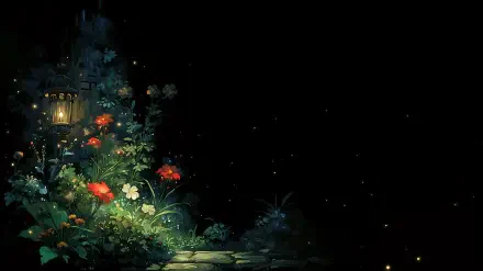 Dark aesthetic Anime AI-art 2K Quad HD PC desktop wallpaper: a glowing lantern beside red and white flowers on a shadowed path, tiny fireflies sparkling against the black sky.