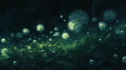 Anime-aesthetic AI art of glowing dandelions and drifting seeds at night, ethereal green-blue scene — 2K Quad HD PC desktop wallpaper/background.