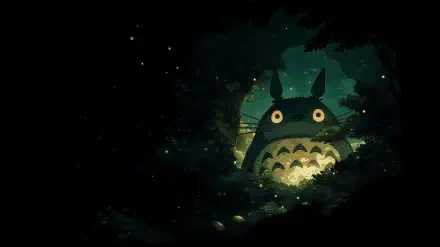 Dark AI art of Totoro (My Neighbor Totoro), Studio Ghibli–inspired glowing forest portrait — 2K Quad HD PC desktop wallpaper/background.