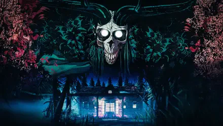 4K Ultra HD PC wallpaper — gaming art for the video game I Hate This Place: glowing-eyed horned skull looming over a moonlit cabin in a dark, floral forest.