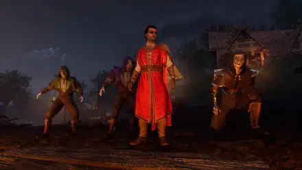 HD PC desktop wallpaper for the video game Vampires: Bloodlord Rising: a red-robed vampire leader stands on a moonlit village road, flanked by three grim allies.