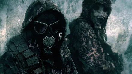 HD military-themed desktop wallpaper featuring two soldiers wearing gas masks in a dark, smoky environment.