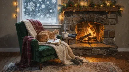 Cozy winter 4K Ultra HD PC desktop wallpaper — a cat naps on a blanket-draped armchair beside a roaring stone fireplace, open book, snowy window and warm string lights.
