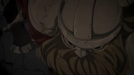 4K Ultra HD PC desktop wallpaper: anime close-up of Eisen (Frieren: Beyond Journey's End), a dwarf in a helmet with braided beard, shown in dim, dramatic lighting.