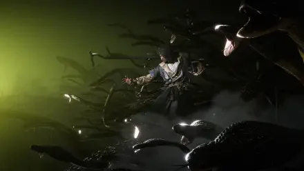 HD PC desktop wallpaper from the video game Where Winds Meet: a samurai surrounded by writhing vipers, bathed in green light and smoky darkness.