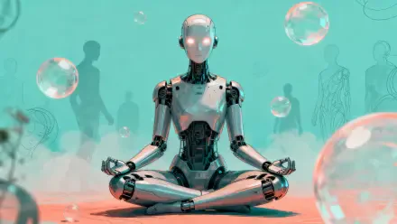 4K Ultra HD PC desktop wallpaper and background: a meditating humanoid robot seated cross-legged on a sandy surface, glowing eyes and translucent bubbles against a teal backdrop.