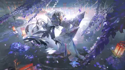 4K Ultra HD PC desktop wallpaper: a glowing robed figure beneath cascading purple wisteria and lanterns, petals drifting across a misty, moonlit temple courtyard.