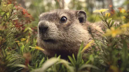Close-up of a groundhog peeking through meadow wildflowers, lush green foreground — 2K Quad HD PC desktop wallpaper/background.