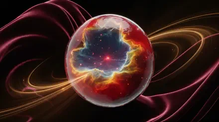 4K Ultra HD PC desktop wallpaper — glowing glass-like cosmic orb containing a fiery nebula, surrounded by golden rings and magenta energy trails on a deep space black background.