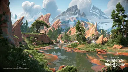 Vibrant mountain and river valley scene from the video game Horizon Hunters Gathering — rocky outcrops, pine forests and snowy peaks; HD PC desktop wallpaper/background.