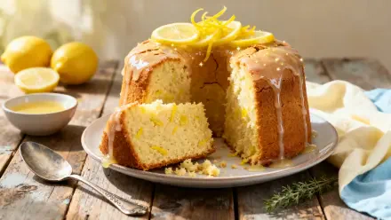 Lemon drizzle cake with glossy glaze, lemon slices and zest on a rustic table — 4K Ultra HD PC desktop wallpaper and background.