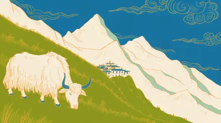 4K Ultra HD PC desktop wallpaper and background: stylized Himalayan scene with white yak grazing on green slope, distant monastery against snow-capped peaks and deep blue sky with decorative clouds.