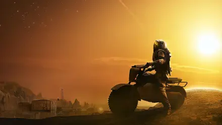 For All Mankind TV scene: astronaut on an ATV silhouetted against an alien world's golden sunset, overlooking a distant outpost — 4K Ultra HD PC desktop wallpaper