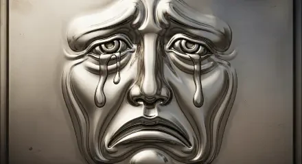 4K Ultra HD PC desktop wallpaper of a metallic, stylized sad face with tear-like drips and reflective, sculpted features conveying deep sorrow.