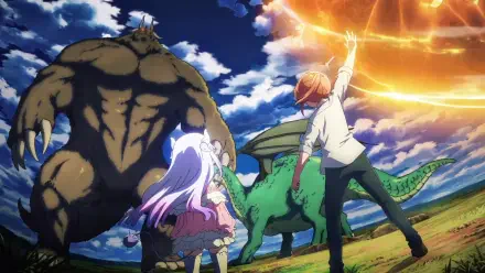 Anime HD PC desktop wallpaper from Miss Kobayashi's Dragon Maid — Miss Kobayashi’s Dragon Maid: A Lonely Dragon Wants to Be Loved, characters confront dragons beneath a dramatic, cloud-streaked sky.