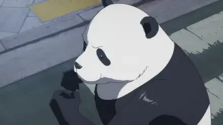 HD anime desktop wallpaper: Panda from Jujutsu Kaisen seated on a sidewalk, gazing up with a calm expression against a muted urban backdrop.