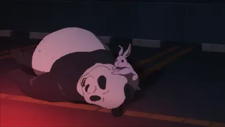 HD PC wallpaper of Panda from Jujutsu Kaisen (3rd Season) sleeping on a road at night with a small rabbit curled on his back, bathed in soft red and blue lighting.
