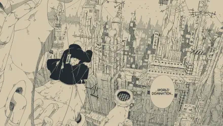 Manga-style 4K Ultra HD PC desktop wallpaper of Pain (Naruto) in Akatsuki cloak overlooking a sprawling cityscape, speech bubble: WORLD DOMINATION.