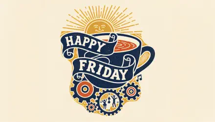 Retro teacup illustration with sun, gears and musical notes spelling Happy Friday — 4K Ultra HD PC desktop wallpaper and background.