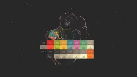 Gruvbox-themed 4K Ultra HD PC desktop wallpaper: an astronaut holds a glowing gruvbox color palette against a dark starfield background.