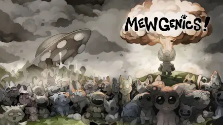 HD PC desktop wallpaper for the video game Mewgenics — a crowd of stylized cat-like creatures under stormy skies, a mushroom-shaped UFO, and a figure with a Mewgenics! speech cloud.
