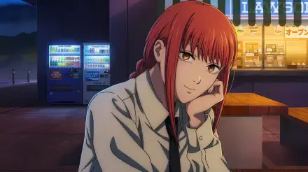 Makima from Chainsaw Man: red-haired anime girl resting her chin on her hand with warm night café lighting — 5K Ultra HD PC desktop wallpaper/background