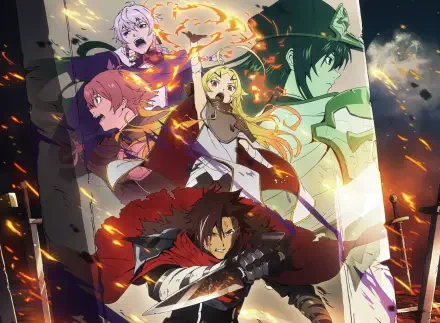 Anime Sentenced to Be a Hero HD PC desktop wallpaper/background, dynamic fiery collage of the main cast in dramatic battle poses.