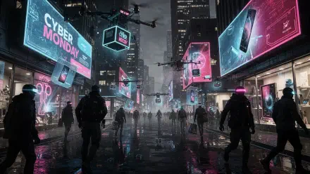 Cyber Monday neon-soaked cyberpunk city street at night with drones and silhouetted crowds, rain-reflections and giant billboards — 4K Ultra HD PC desktop wallpaper/background.