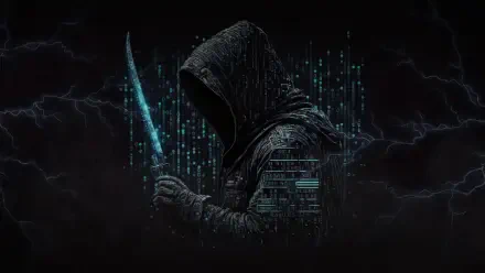 Dark 5K Ultra HD PC desktop wallpaper: hooded cyber-assassin holding a glowing dagger amid streaming code and stormy lightning, blending cybersecurity and technology.
