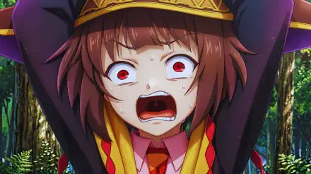 Megumin from KonoSuba: God's Blessing on this Wonderful World! Legend of Crimson, shocked and shouting with arms raised — funny anime girl 5K Ultra HD PC desktop wallpaper.